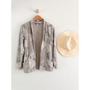 Dolcezza | Leaf Print Open Front Cardigan Gray Beige Sweater | Sz XS